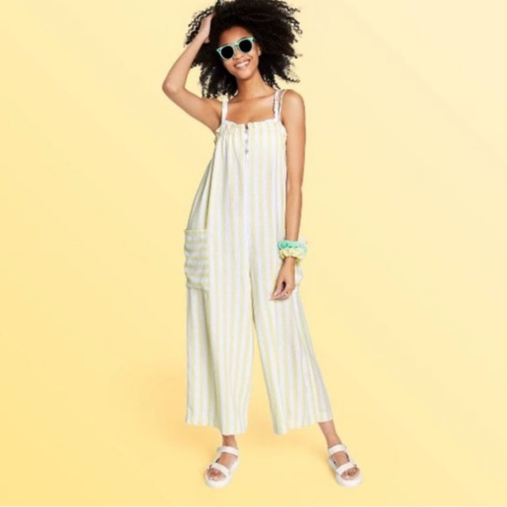 Stoney Clover linen blend yellow white striped jumpsuit wide leg size Large